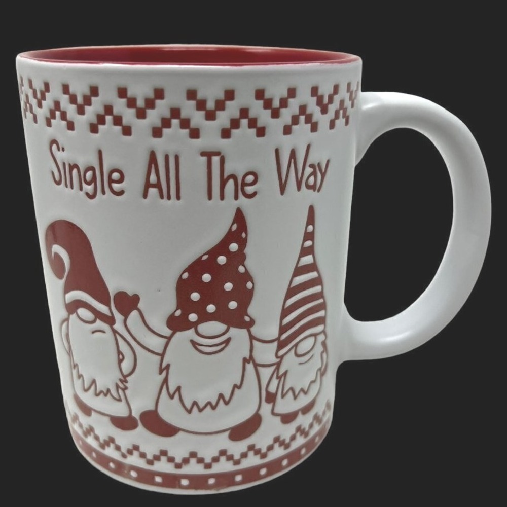 Gnome Mug White and Red "Single all the Way"‎ Christmas Holiday Tea Cup
